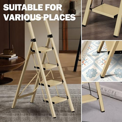 4 Step Ladder, Lightweight Folding Step Stool with Anti-Slip Aluminum Wide Pedal& Convenient Handgrip, 330lbs Capacity Steel Ladder for Household and Office (Gold) - color: Gold, size: 4 Step