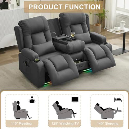 URRED Power Loveseat Recliner Sofa with Massage and Heat, Wall Hugger Reclining Loveseat with Console, RV Couch Home Theater Seating with LED Lights for Living Room (Gray, 67" - 2 Seats) - color: Grey, size: 67" - 2 Seats