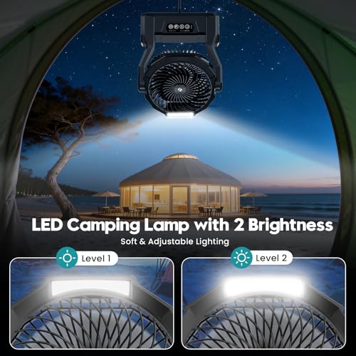 Camping Fan with 64H Runtime, Rechargeable Battery Powered Portable Fan with LED Light, Quiet Travel Tent Fan for Camping, Hurricane, Fishing, Indoor Outdoor, Gifts for Men Black