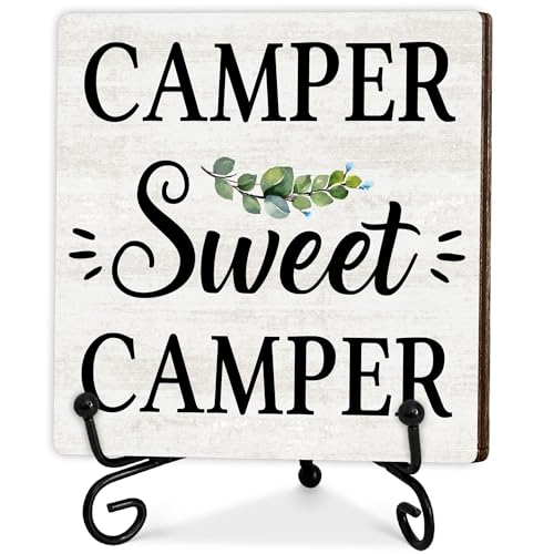Camping Gifts for Women, Rustic Camping Decor, Camper Sweet Camper Wooden Sign with Stand, Birthday Gifts for Men Friends, Farmhouse Desk Decorations for Kitchen Shelf Table, 5"x5"-A11 - color: Beige