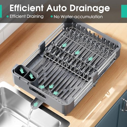 TOOLF Dish Drying Rack for Kitchen Counter, Extendable Dish Rack with Drainboard, Expandable Dish Drainer, Collapsible Dish Strainer with Cutlery Holder, Foldable Countertop Plate Rack, Light Gray - color: Light Gray