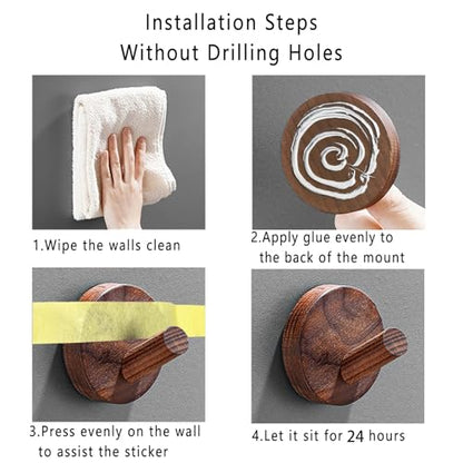 Wooden Wall Hooks 4 Pack Walnut Brown Adhesive for Hats Towels Coats | Solid walnut, Splinter free, No drill 3M adhesive & sealant, Rustic farmhouse, For entryway bathroom bedroom closet