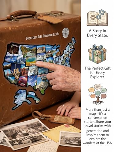 RV State Sticker Travel Map of The United States, Travel Trailer Camper Accessories, 11x17" RV Map Decals for Window Door Wall, 50 State Bumper Stickers with Scenic Illustrations, Great for Kids & Adults - Track Your Travel