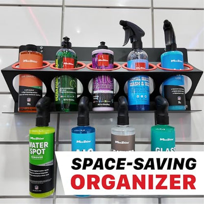 Maxshine Universal Detailing Spray Bottle Holder – Mobile Detailing & Car Garage Organizer, Holds 5 Bottles (16oz) with 4 Small Holes – Lightweight Design, Easy Wall Mounting