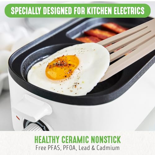 GreenLife 3-in-1 Breakfast Maker Station, Healthy Ceramic Nonstick Dual Griddles for Eggs Meat Sausage Bacon Pancakes and Breakfast Sandwiches, 2 Slice Toast Drawer, Easy-to-use Timer, White - color: White