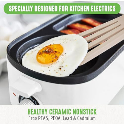 GreenLife 3-in-1 Breakfast Maker Station, Healthy Ceramic Nonstick Dual Griddles for Eggs Meat Sausage Bacon Pancakes and Breakfast Sandwiches, 2 Slice Toast Drawer, Easy-to-use Timer, White - color: White