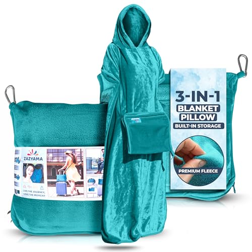 3-in-1 Travel Blanket Airplane – Compact with Bag & Pillow Combo Set, Ultra-Soft Fleece | Packable Blanket Compact | Hidden Pocket | Trolley Sleeve | Carabiner | Travel Essentials (Aqua Teal)
