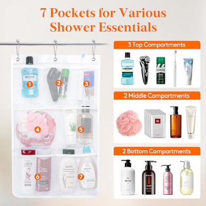 Lifewit Cruise Essentials Shower Caddy Must-Have, 7 Pockets Hanging Bathroom Organizer with Quick-Dry Mesh, Portable Shower Bag to Storage Soap, Shampoo, for RVing, Travel, Camping, White, 2 Packs - size: 17" x 25.6"