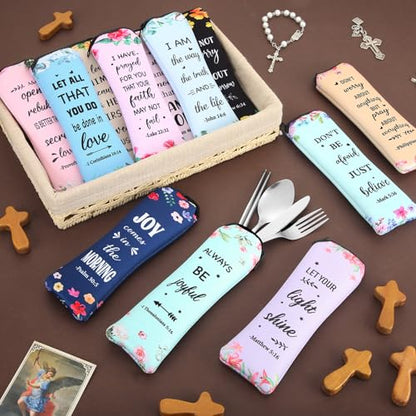 Hushee 12 Set Christian Travel Cutlery Set Bible Verse Reusable Utensils Sets with Case Inspirational Religious Christian Flatware for Women Mother Church Gifts(Charming,Floral) - color: Floral, style: Charming