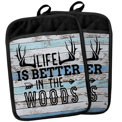 Hunting Cabin Gifts Pot Holders with Pockets, Life is Better in The Woods Moose Pot Holders Heat Resistant Oven Mitts Hot Pads for Kitchen Baking Cooking,Potholders for Kitchens - color: Louyzhut-3