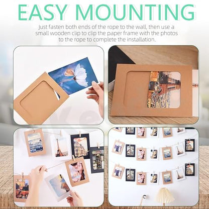 Keadic 105PCS Paper Picture Frames 5 Sizes Black Cardboard Photo Frame with Wooden Clips and Strings Photo Display Banner for Home Office Wedding Party Decor