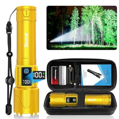 Banral Rechargeable Tactical Flashlights 2000 High Lumens - 5000mAh Super Bright LED Powerful Flash Light, Waterproof Handheld USB C Flashlight for Home,Car,Camping,Emergencies,5 Modes (1, Gold) - color: Gold