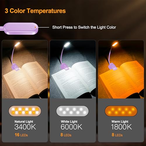 Gritin 16 LED Rechargeable Book Light for Reading in Bed- Eye Caring 3 Color Temperatures, Stepless Dimming Brightness, 80 Hrs Runtime, Lightweight Flexible Clip on Light for Book Lovers-Purple | Eye Caring 3 Color Temperatures, Stepless Dimming Brightnes