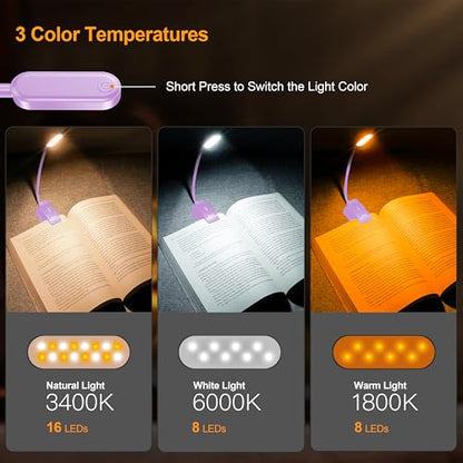 Gritin 16 LED Rechargeable Book Light for Reading in Bed- Eye Caring 3 Color Temperatures, Stepless Dimming Brightness, 80 Hrs Runtime, Lightweight Flexible Clip on Light for Book Lovers-Purple | Eye Caring 3 Color Temperatures, Stepless Dimming Brightnes