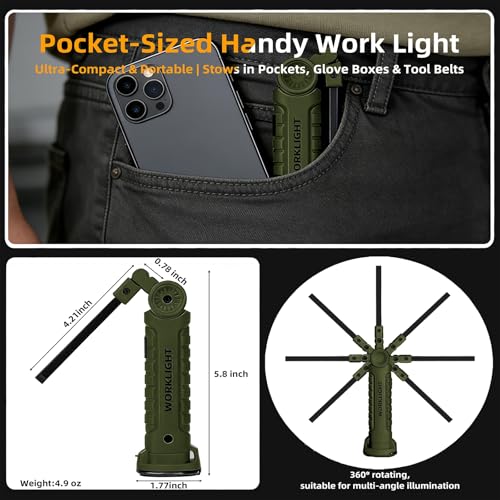 LED Work Light Rechargeable Flashlight, Tool Gifts for Fathers Day Dad Husband Men Boyfriends Him Mechanic Grill Light Inspection Lamp Magnetic Base 5 Modes 360° Rotate Car Emergency Repair Green 4PCS - color: Army Green 4PCS