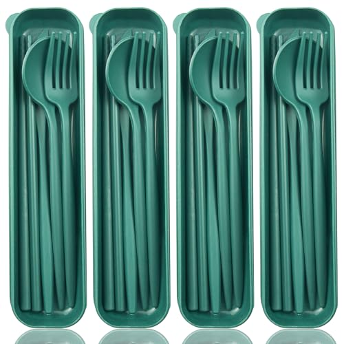 ELANE 4 Sets Reusable Travel Utensils Set with Case,Camping Cutlery Set Reusable Cutlery Set with Case,Utensil Sets for Lunch Picnic Daily Use Outdoor (darkgreen) - color: darkgreen