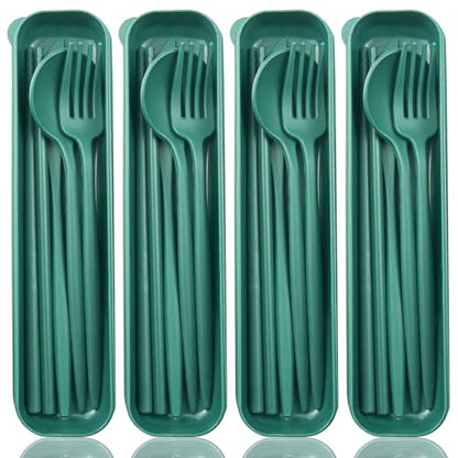 ELANE 4 Sets Reusable Travel Utensils Set with Case,Camping Cutlery Set Reusable Cutlery Set with Case,Utensil Sets for Lunch Picnic Daily Use Outdoor (darkgreen) - color: darkgreen