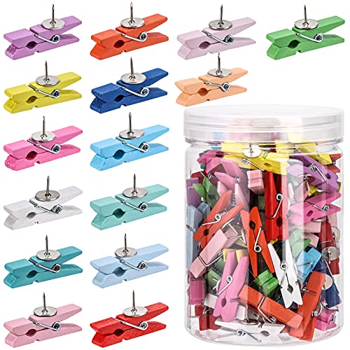 100Pcs Push Pin with Wooden Clips Tacks for Cork Board Artwork for Bulletin Board Crafts Arts Projects Photo Supplies(Colorful) - color: 100-colorful