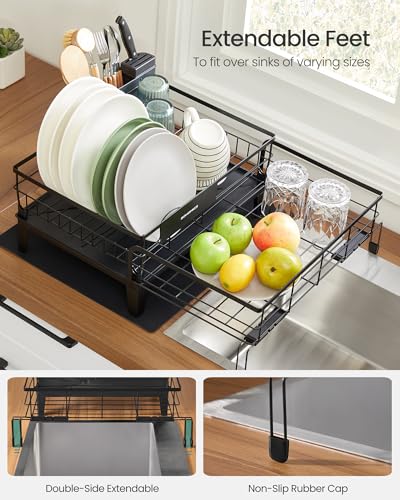 SONGMICS Dish Drying Rack, Kitchen Dish Rack with Drainboard, 360° Rotatable and Extendable Spout, with Cutlery Holder, (12.2-22) x 16.5 x 7.9 Inches, Ink Black UKCS552B01 - color: Ink Black, style: with Holder