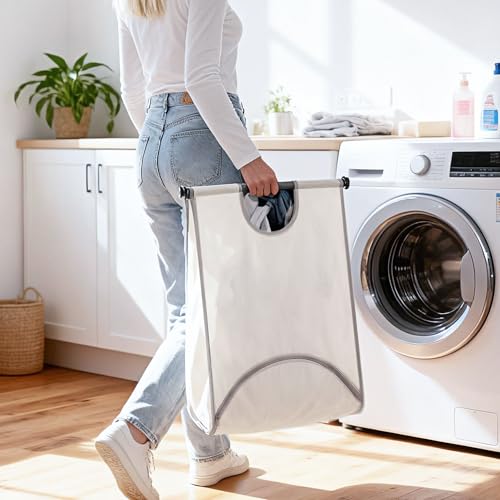 STORAGE MANIAC Wall Mount Laundry Hamper, 90L Hanging Laundry Bag with Bottom Zipper Opening, Space-Saving Dirty Clothes Hamper with Mounting Hardware for College, Dorm, RV, White