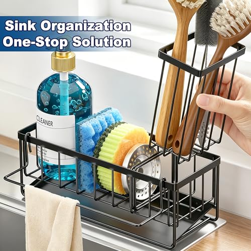 Sponge Holder for Kitchen Sink, Kitchen Sink Caddy, Kitchen Sink Sponge Holder, Dish Sponge Holder, Kitchen Sink Organizer for Sponge, Dish Brush, Scrubber(9.65" x 3.74" x 6.3", Black) - color: Black
