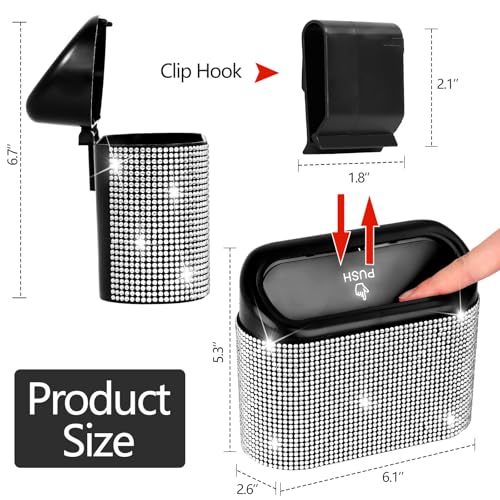 NBTEPEM Bling Car Trash Can with Lid - 2 Pack, Mini Auto Garbage Can with 60 Trash Bags, Automotive Garbage Container Bin, Bling Car Accessories Trash Can for Women (Silver Diamond) - color: Silver Diamond