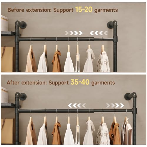 T3 Closet System with Stepless Dimmable LED Light, Industrial Pipe Clothing Rack with 4 Drawers, 6 Wooden Shelves & 4 Telescopic Rods, Heavy Duty Closet Organizers in Wardrobe Closet (Black Gray Oak) - color: Black Gray Oak