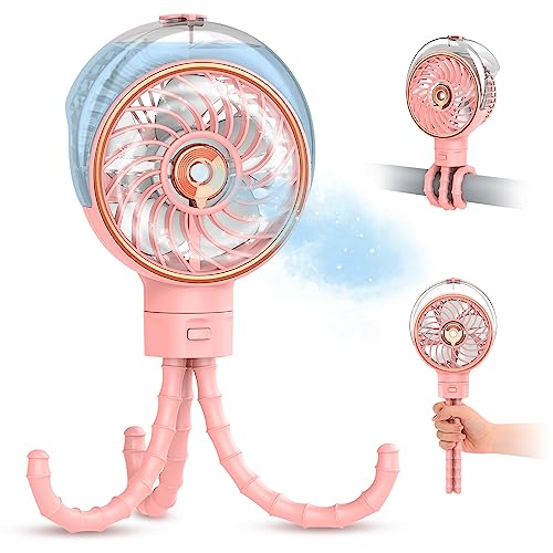 Ausic Stroller Fan with Mist, 100ml Misting Portable Fan for Stroller, Baby Fans with Detachable Tripod, Baby Essentials, Clip on Fans for Crib, Treadmill, Car Seat, Outdoor - color: misting pink