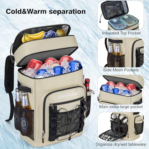 Insulated Cooler Backpack, 35L Leakproof Backpack with Double Compartments for Men & Women, Large Lunch Cooler for Camping, Beach, Travel, Picnic, Up to 48 Cans - color: Beige
