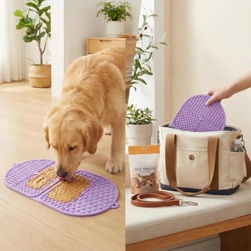 Foldable Dog Lick Mat, 142 Strong Suction Cups Silicone Slow Feeder Lick Pad with 6 Textured Zones, Anxiety Relief Mat for Bath Grooming, BPA Free for Dogs & Cats (Purple, 17.32 x 7.87in)