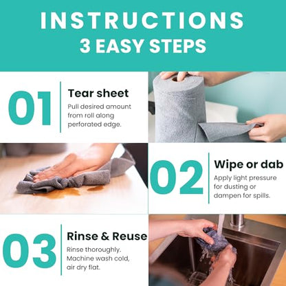 Microfiber Cleaning Cloth Roll Tearaway, 50 PCS Tear Away Towels, Reusable & Washable, Ultra Absorbent 12" x 12" Dish Rags for Car, Home, Kitchen, , 180 GSM Thickness, Paper Towel Alternative - color: Grey With Hanging Hooks