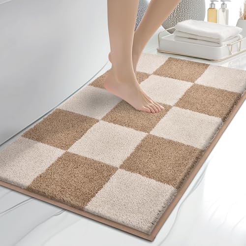 anllugs Bathroom Rugs 20" x 30", Non-Slip Extra Soft Absorbent Bath Rugs, Machine Washable Quick Dry Bath Mats for Bathroom Floor, Shower, Bathtub and Sink, Checkered Beige & Grayish Brown - color: Checkered-beige & Grayish Brown, size: 20" X 30"