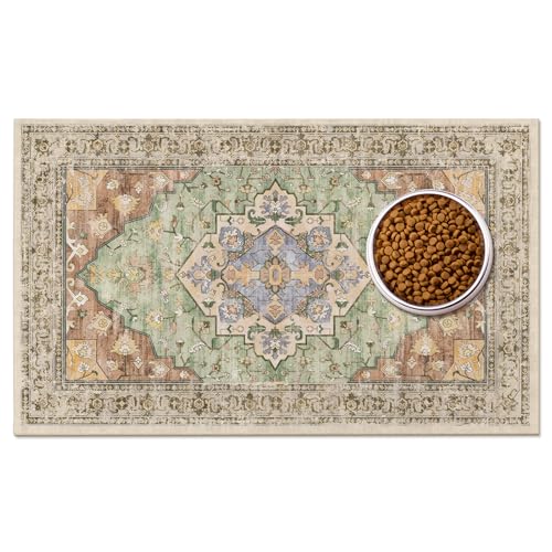 Boho Dog Feeding Mat, Absorbent Cat Matt for Food, Non Slip Pet Water Bowl Placemat Small for Floor, Olive Green & Rust & Bright Blue Indoor Dog Eating Dish Mat 12"x20" - color: Olive Green & Rust & Bright blue, size: 12"L x 20"W