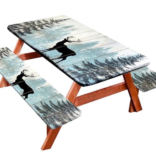 Picnic Table Cover with Bench Covers 72IN 6FT, Camping Essentials Tablecloth Waterproof Oilproof with elastic Edge for Indoor Outdoor Patio (Forest Deer) - color: Wood Plank Forest Deer