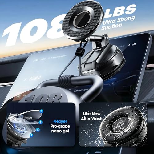2026 Unique Stylish Car Phone Holder Mount for iPhone 17-12 | Upgraded Anti-Wobble Performance; 360° Adjustable; 108LBS Suction Cup & 3600gf Strong Magnet; for Car Wall Shower Kitchen