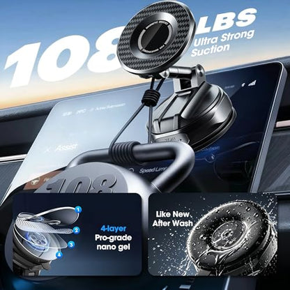 2026 Unique Stylish Car Phone Holder Mount for iPhone 17-12 | Upgraded Anti-Wobble Performance; 360° Adjustable; 108LBS Suction Cup & 3600gf Strong Magnet; for Car Wall Shower Kitchen