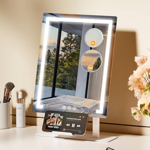 Gospire Lighted Makeup Mirror, Hollywood 4000mAh Rechargeable Vanity Mirror with 5X/10X Magnification, 3-Color Dimmable Lighting, Touch Control, Phone Holder, 11”x16.8” LED Tabletop Mirror for Bedroom - size: 16.8"L x 11"W