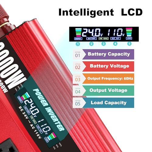 Cantonape 3000W Power Inverter 24V to 110V/120V DC to AC with LCD Display, Remote Controller 4 x AC Outlets and 4 x 3.1A USB Car Adapter for Car Truck Boat RV Solar System - size: 3000W-24V