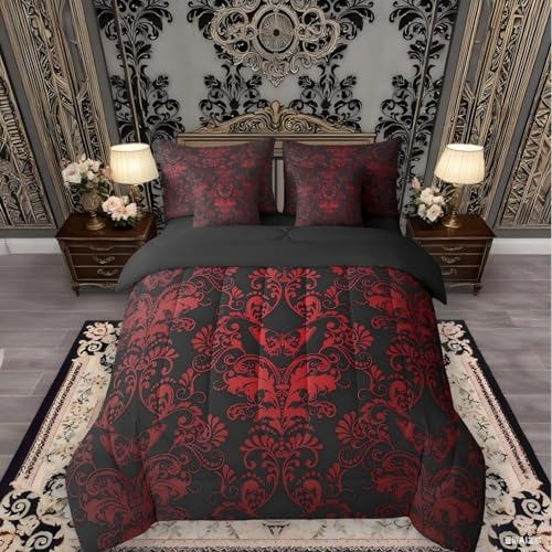Erosebridal Gothic Damask Comforter Set 7 Piece Bed in a Bag Twin,Butterfly Skull Bedding Sets Red Black Victorian Floral Goth Sheet Set with Comforter - color: Multi 01, size: Twin(7-Pieces)
