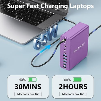 320W USB C Charger Block, 10-Port USB C Charging Station GaN III PD 65W Laptop Fast Charger Adapter for MacBook Pro/Air, DELL, iPad, iPhone, Samsung Galaxy (Purple) - color: Purple