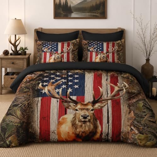 Nesker 5 Pcs Comforter Set Twin Size, Patriotic American Bedding Set for Kids and Adults, Deer Moose Wildlife Bed Sheet Sets with Fitted Sheet Pillowcase & Sham - color: Deer 2, size: Twin
