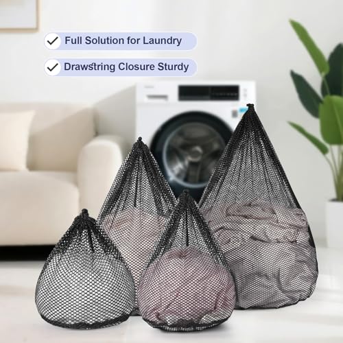 4Pcs Mesh Laundry Bags Washing Machine Mesh Wash Bags Jumbo for Delicates Clothes,Bed Linen,Toys with Drawstring Closure Sturdy (Black, Pack 4 Pcs) - color: Black, size: Pack 4 Pcs