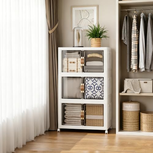 SAILUN 146QT/36Gal Stackable Storage Bins with a Lid, Collapsible Storage Bins With Doors, Folding Cabinet for Home Closet Organization,3 Pack-19.7" W x 12.6" D x 34" H White - color: White-50qt, size: 1 lid 3 Pack
