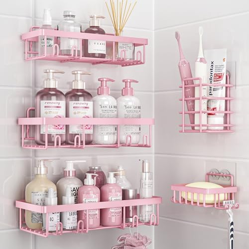 Liuoud 5 Pack Shower Caddy Organizer Rack Shelf for Inside Shower, Adhesive Bathroom Wall Storage Basket Rustproof Stainless Steel Shampoo Holder, Girly Bathroom Accessory Decor Set, Pink - color: Pink