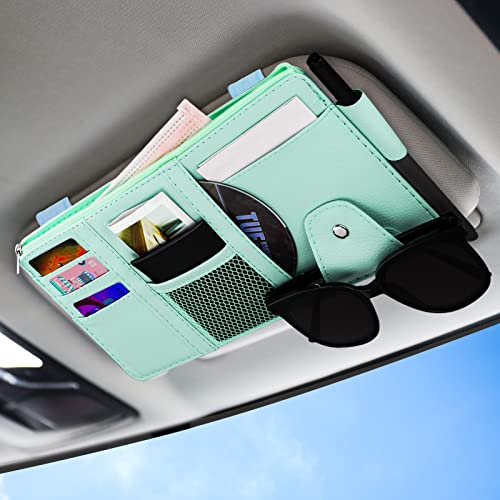 Car Sun Visor Organizer, Leather Pocket Organizer Sunglass Holder for Car Interior Accessories with Multi-Pocket Net Zipper (Blue) - color: Blue