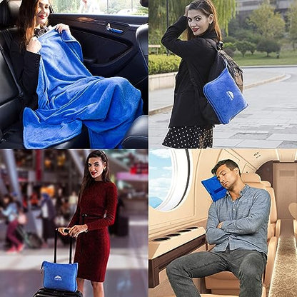 BlueHills 2-Pack Premium Soft Travel Blanket Pillow Airplane Blanket in Soft Bag Pillowcase with Hand Luggage Belt and Backpack Clip, Compact Pack Large Blankets for Any Travel Royal Blue T015 - color: Royal-2pk-t015