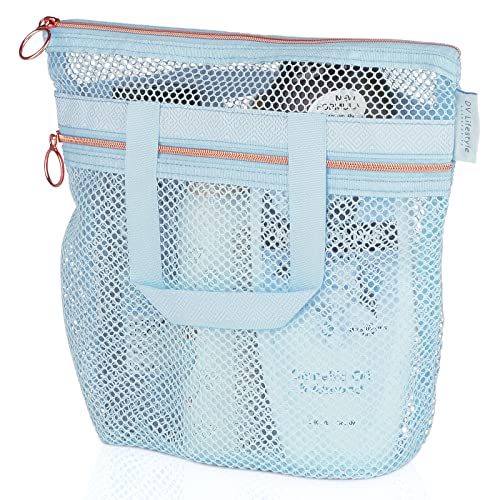 DV Lifestyle Mesh Shower Bag 10.2x9.9'' Quick-Dry Caddy with Zipper & 2 Pockets. Portable Toiletry Tote for Bathroom, Gym, Travel, Camp, Beach, for Sunscreen, Dorm & College Essentials (Blue) - color: Blue, size: Small
