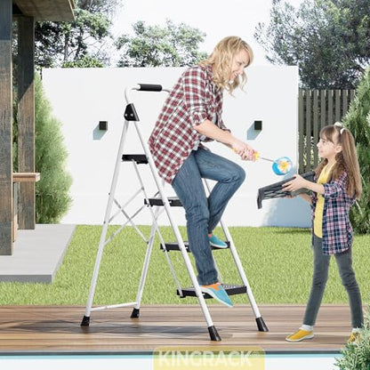 KINGRACK 4 Step Folding Ladder, 800lbs Capacity Step Stool with Safety Lock, Non-Skid Wide Pedals, and Handrail, Lightweight, Household Ladder for Home, Kitchen, Pantry, Closets, and Office Use, White - size: 4-STEP
