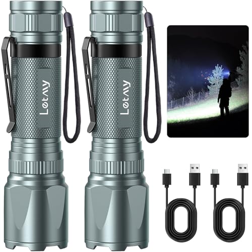 LETMY Rechargeable Flashlights High Lumens, 2 Pack 2000 Lumens Bright LED Tactical Flashlight, 3 Modes Samll Powerful Flash Lights with Clip, Waterproof Flashlights for Home Emergency Camping (Grey) - color: Gray