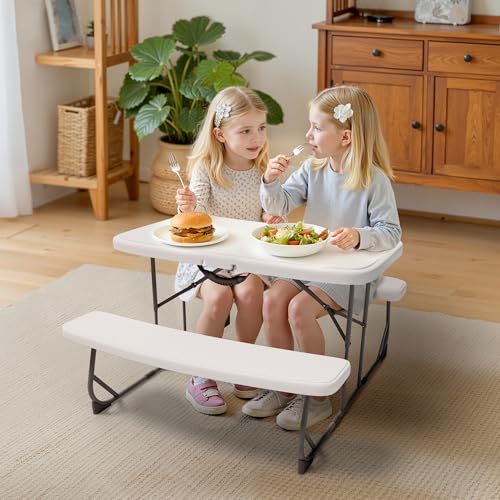 Picnic Table with Benches, Durable All-Weather Steel Frame, Stable & Easy to Clean, Portable Camping Table and Chairs for Outdoor & Indoor Use